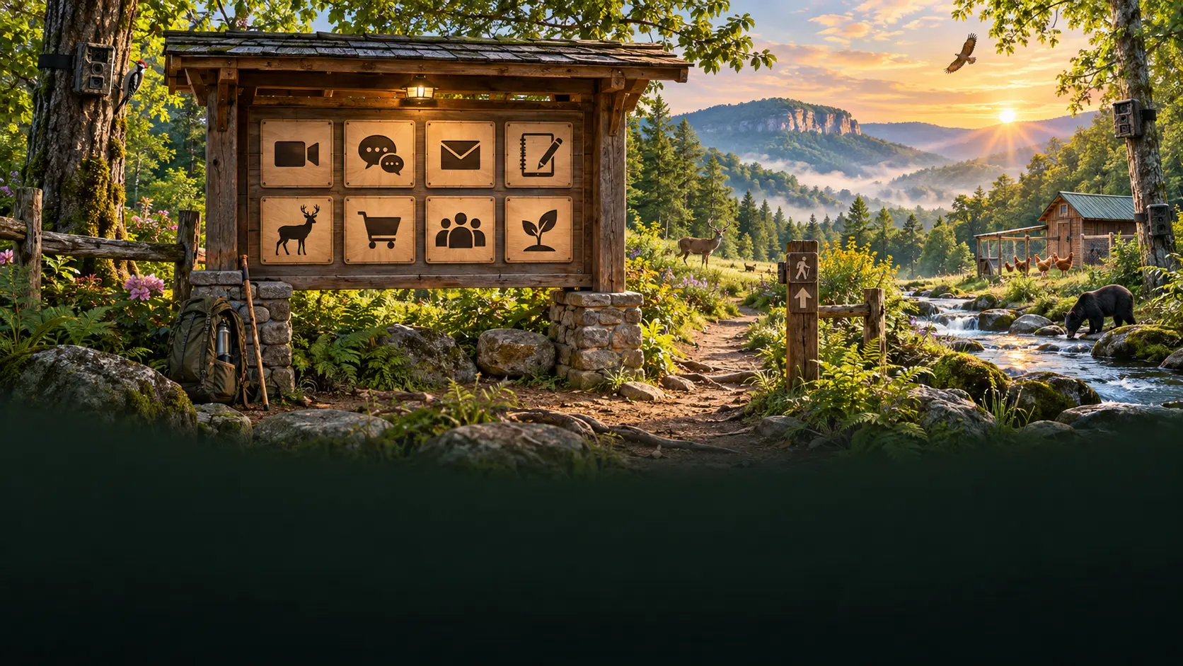 A welcoming Appalachian trailhead with icons for WVLRP community features