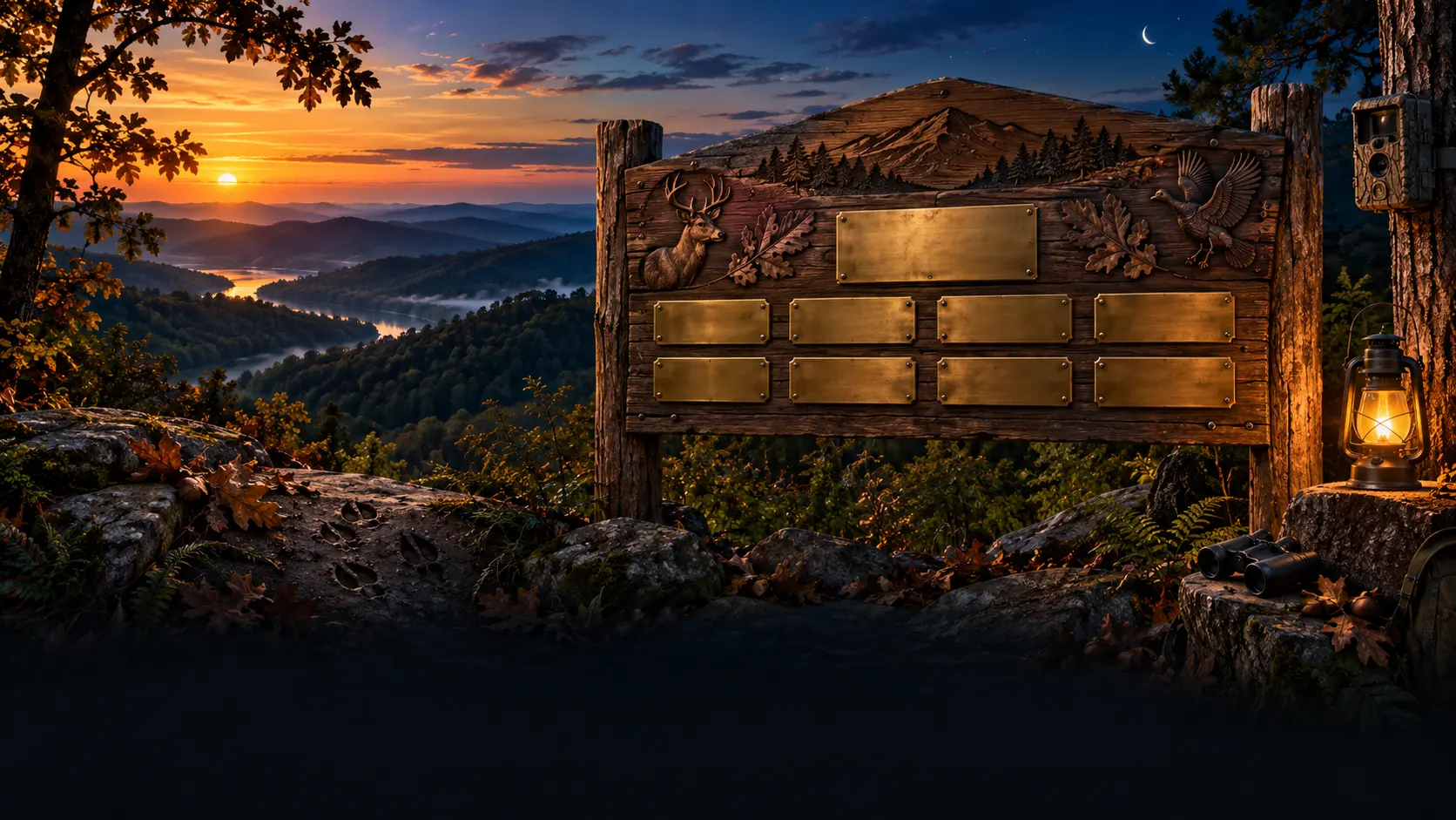 A carved wooden sponsor honor board overlooking West Virginia mountains at sunset