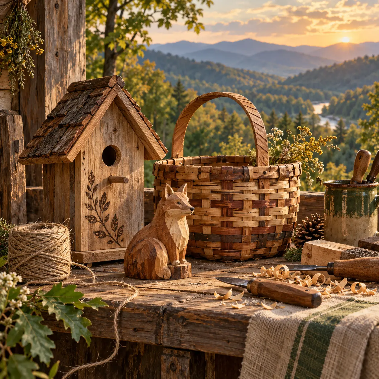 Handmade wooden birdhouse, woven basket and carved fox on a rustic workbench