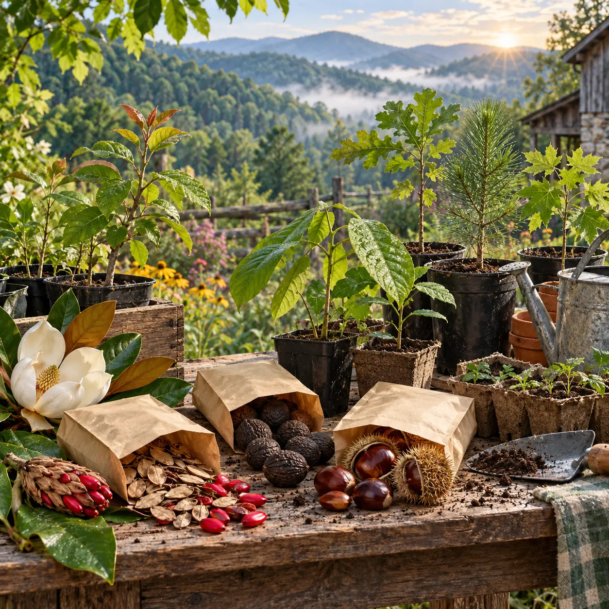 Seeds and young trees on a homestead potting bench