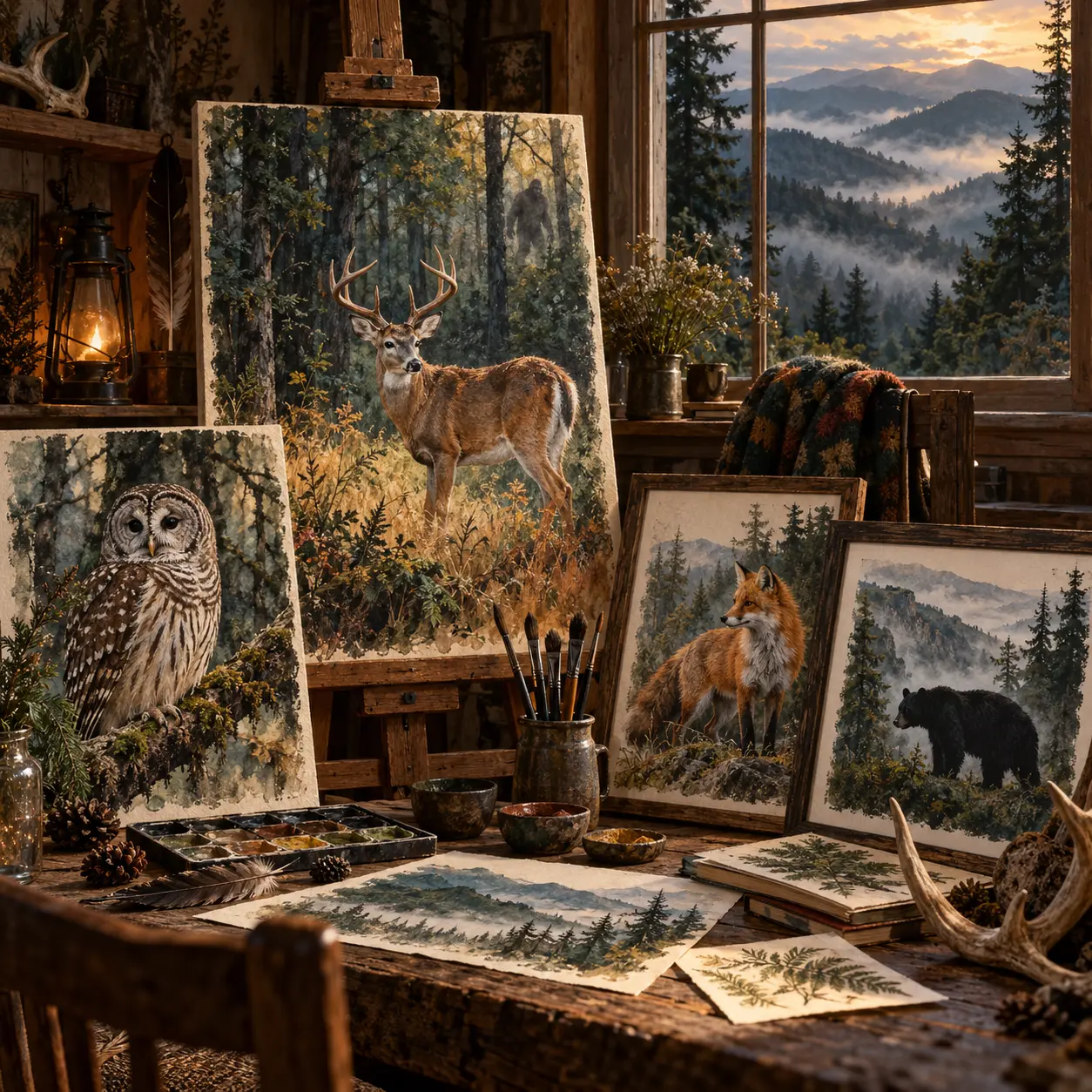 Original Appalachian wildlife paintings in a rustic studio